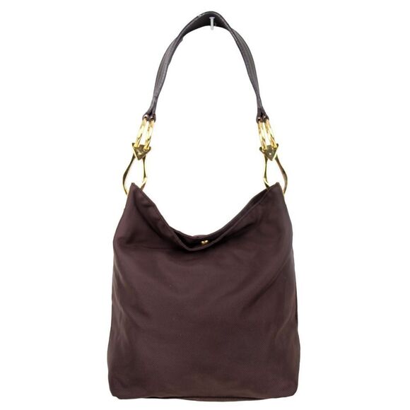 JPK PARIS 75 BROWN NYLON BROWN GENUINE LEATHER STRAP SHOULDER BAG HANDBAG PURSE - Picture 1 of 12
